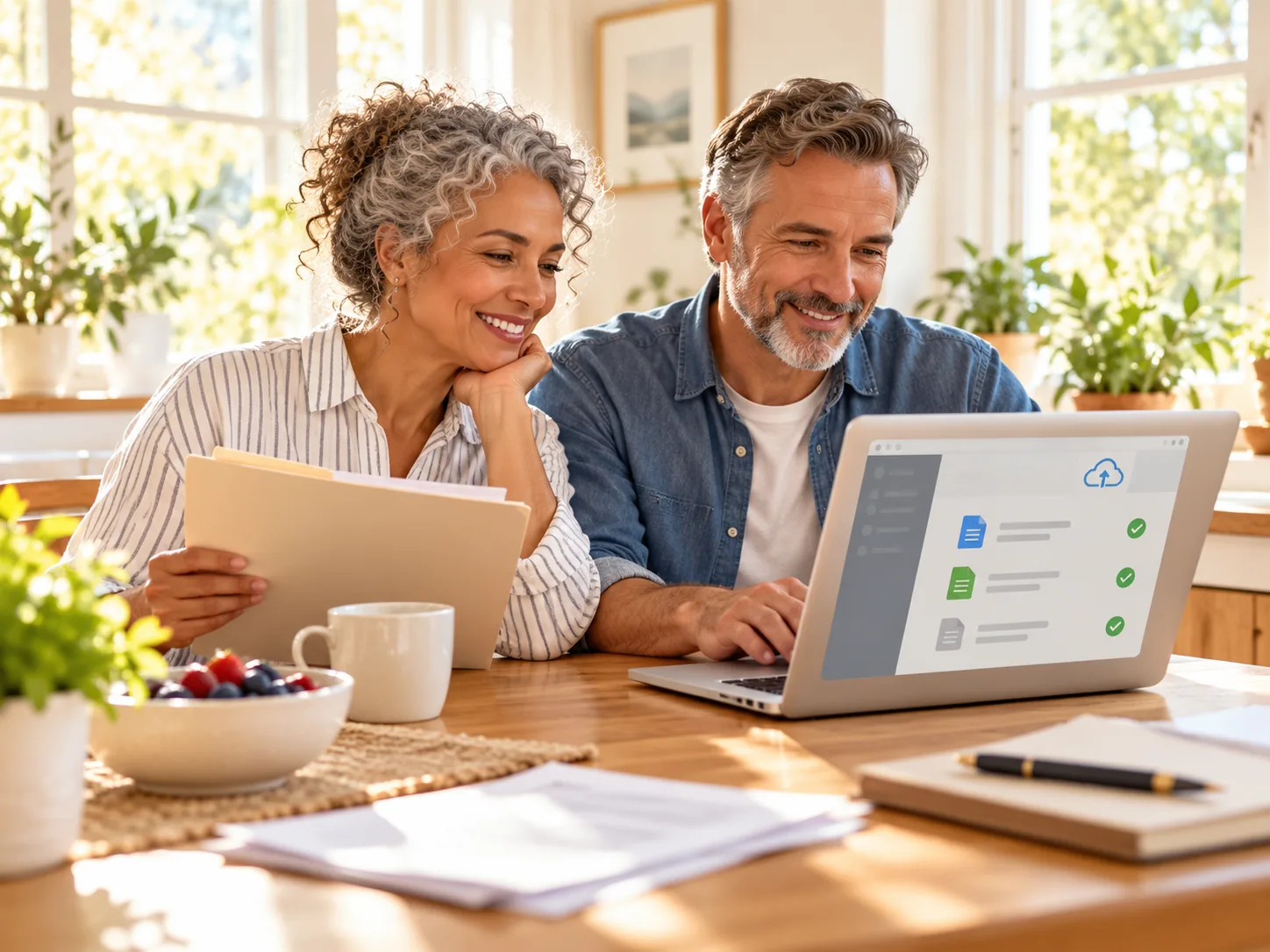 A couple organizing tax documents alongside their client portal