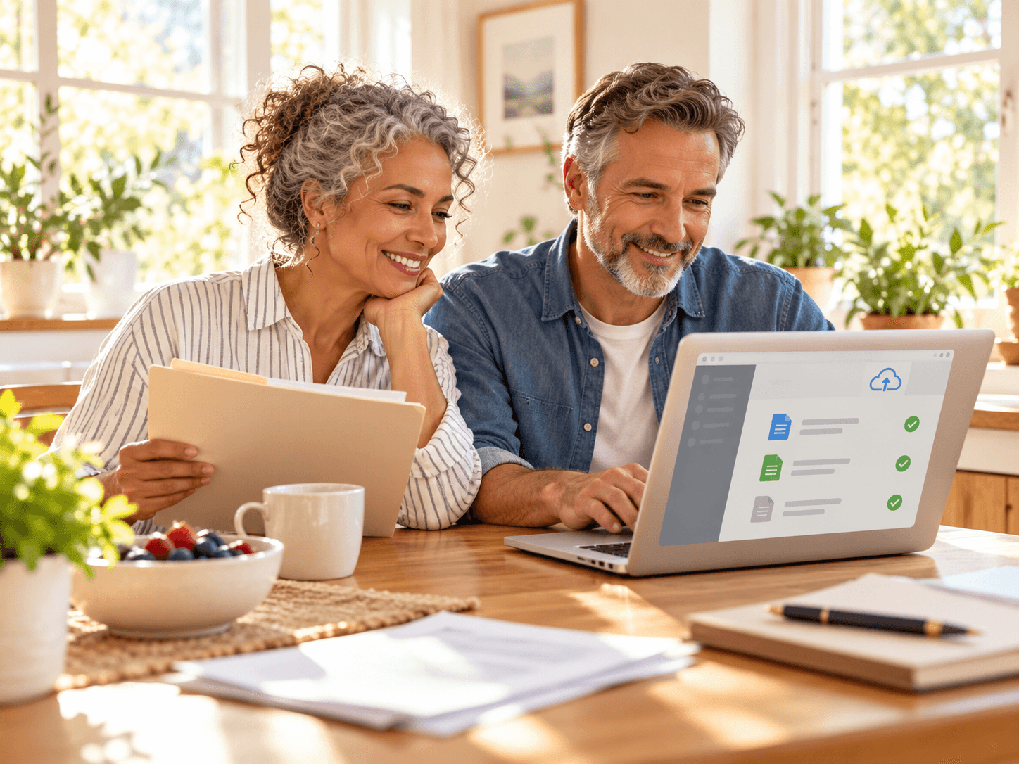 A couple organizing tax documents alongside their client portal